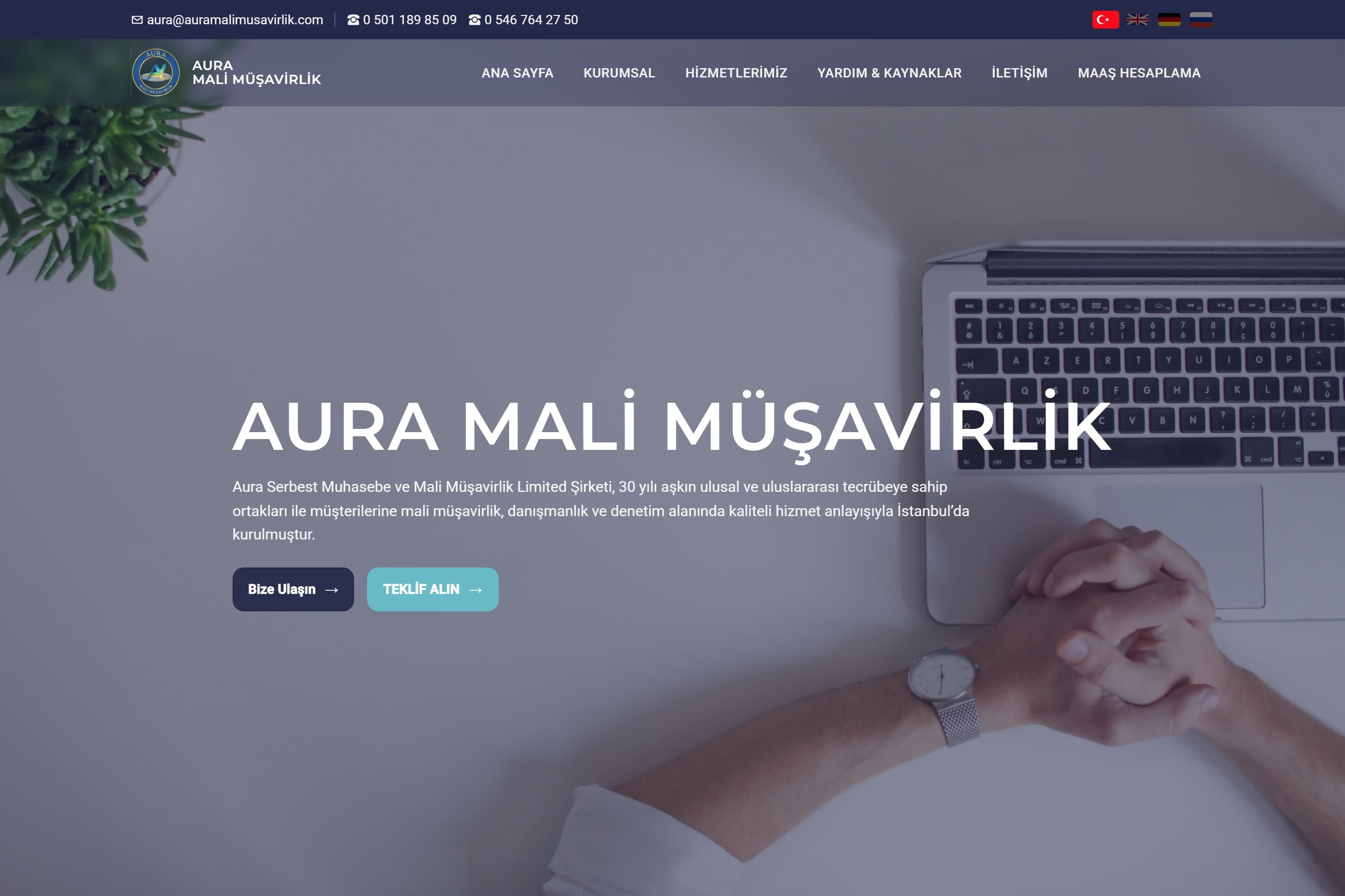Aura Mali Müşavirlik web sitesinin masaüstü görünümü